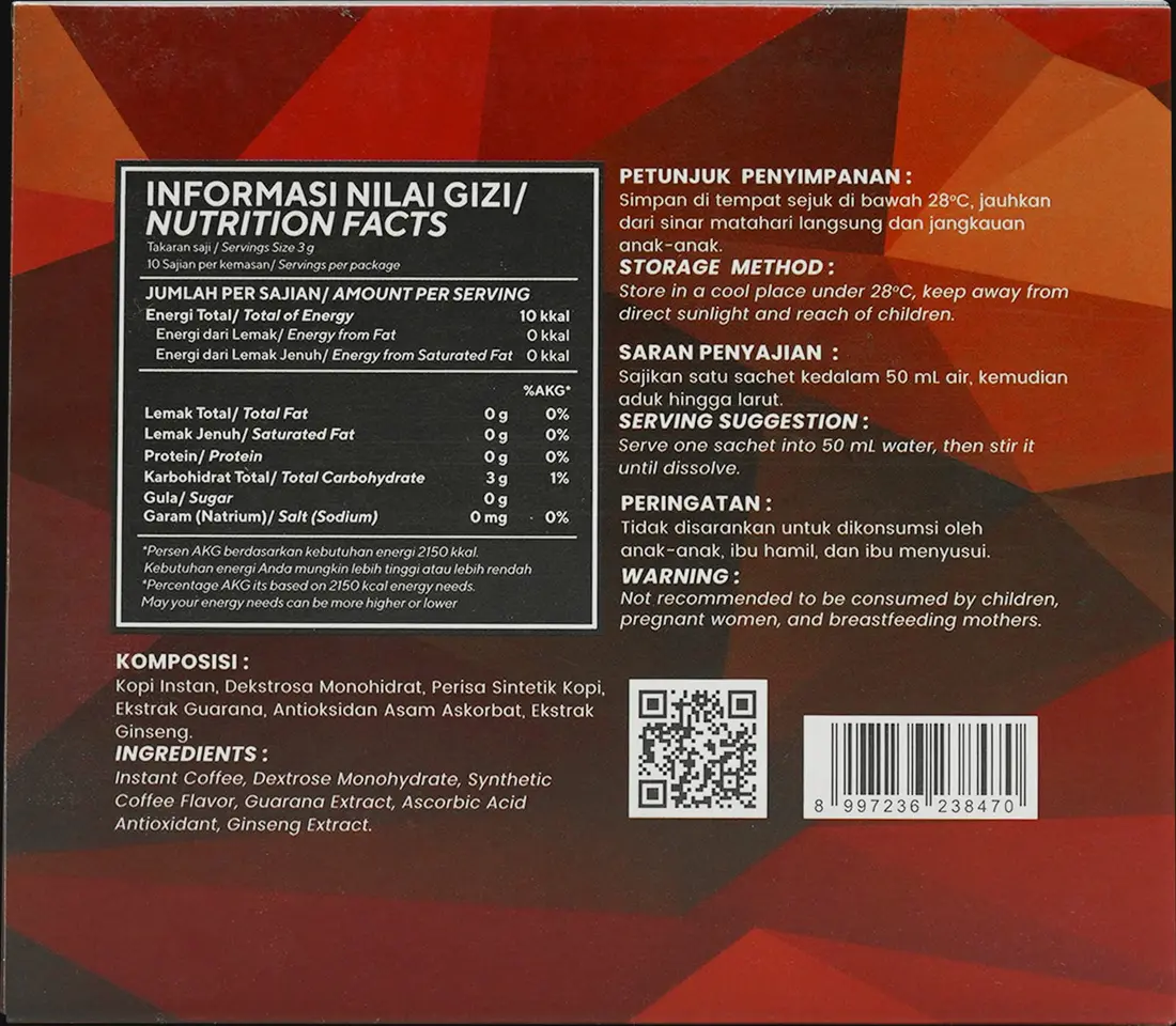 Label belakang kemasan COFFIY, halaman 1